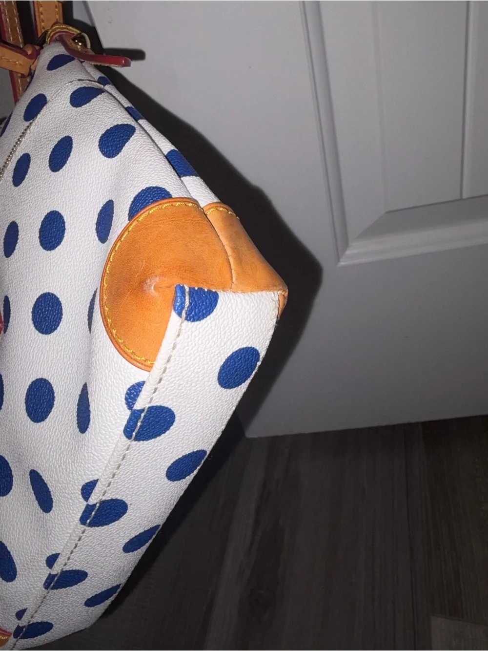 Dooney & Bourke White Navy Polka Dot Crossbody with Tan Trim